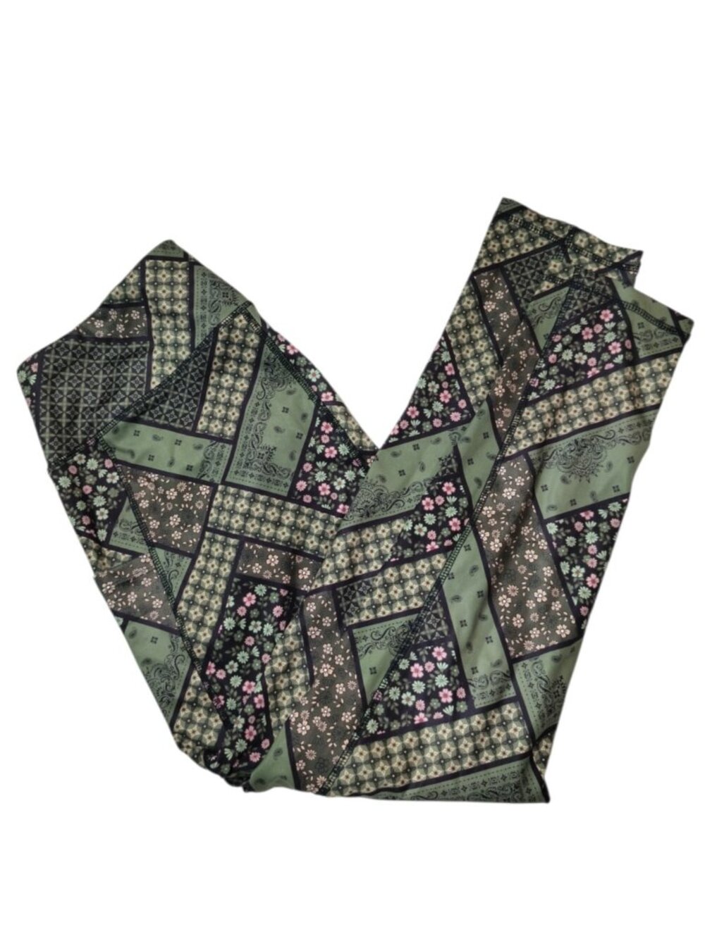 Cato Live Well Lifestyle Womens Large Green Patchwork Floral Leggings Pockets